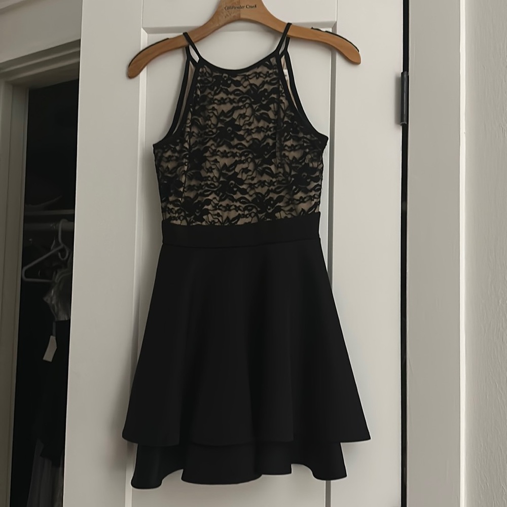 Emerald Sundae size 1 homecoming dress, tan top with black lace overlay
